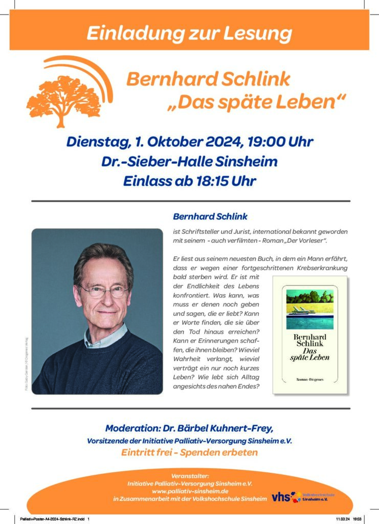 Lesung mit Bernhard Schlink 1.10.24 Dr. Sieber-Halle Sinsheim